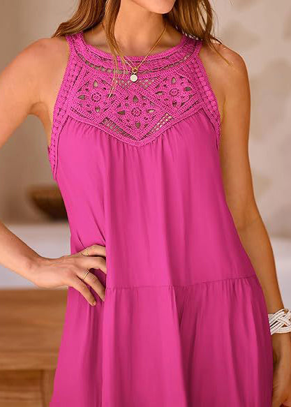 Cotton Patchwork Out Mini Rose Dress Hollow Sleeveless