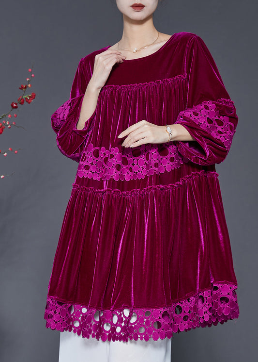 Rose Patchwork Lace Silk Velvet Dress Oversized Lantern Sleeve SD1066