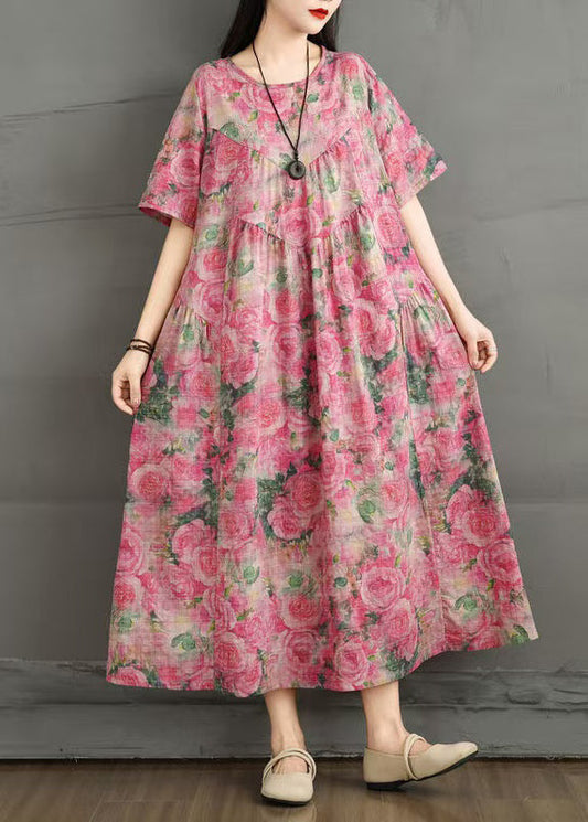 Rose Summer Cotton Oversized Print Dress Ankle