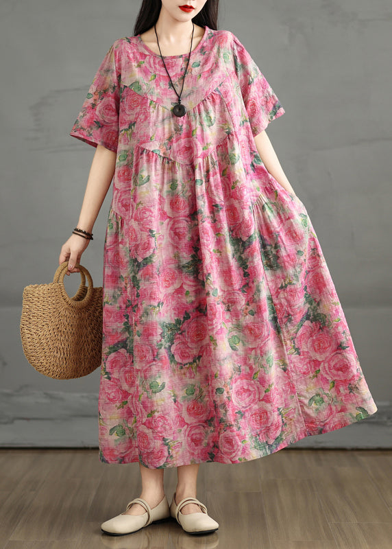Rose Summer Cotton Oversized Print Dress Ankle