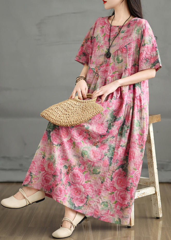 Rose Summer Cotton Oversized Print Dress Ankle