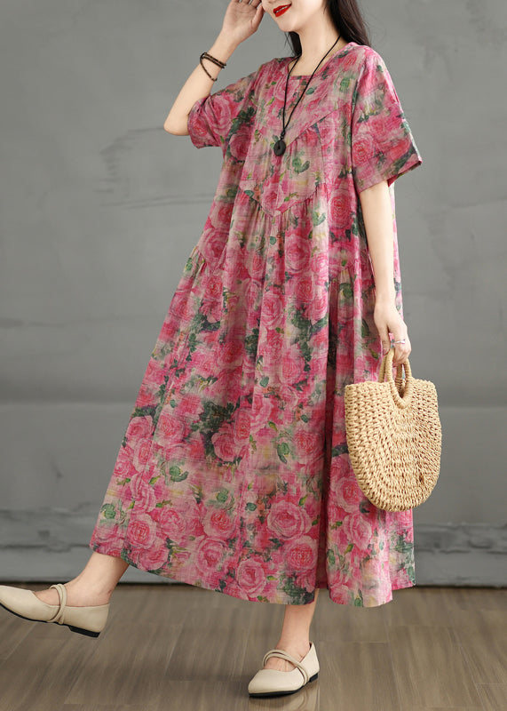 Rose Summer Cotton Oversized Print Dress Ankle