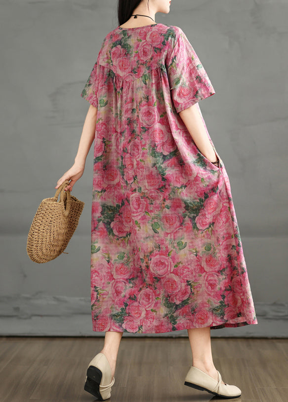 Rose Summer Cotton Oversized Print Dress Ankle
