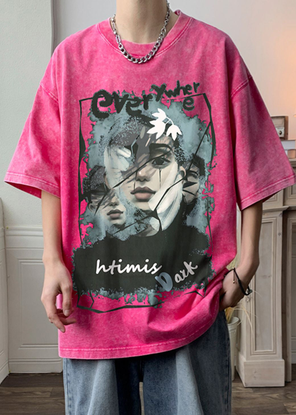 Half Rose Cotton Oversized T Print Sleeve Men Shirts
