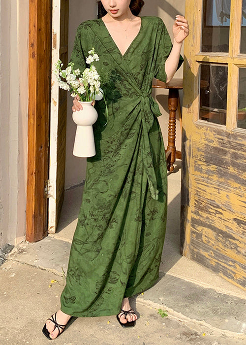 Rose Tie Dress Cotton Waist Summer Long Neck Print V