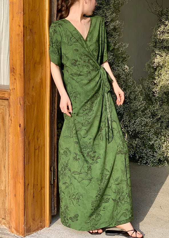 Rose Tie Dress Cotton Waist Summer Long Neck Print V