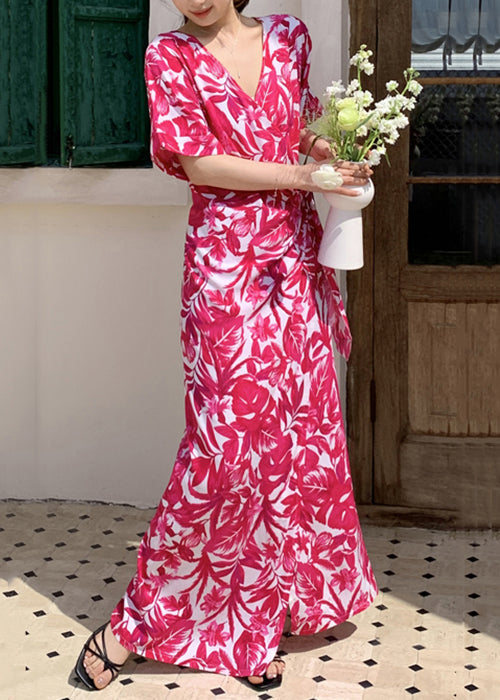 Rose Tie Dress Cotton Waist Summer Long Neck Print V