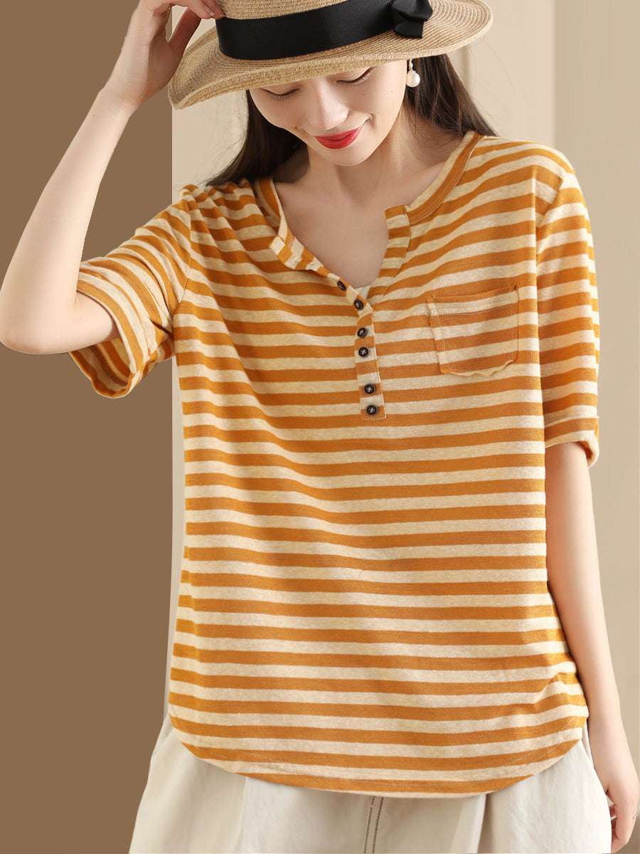 Women Sumer Casual Stripe V-Neck Button Shirt II1019