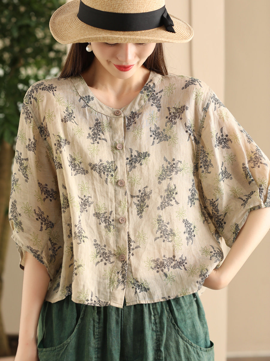 Women Summer Artsy Floral O-Neck Thin Shirt FD023