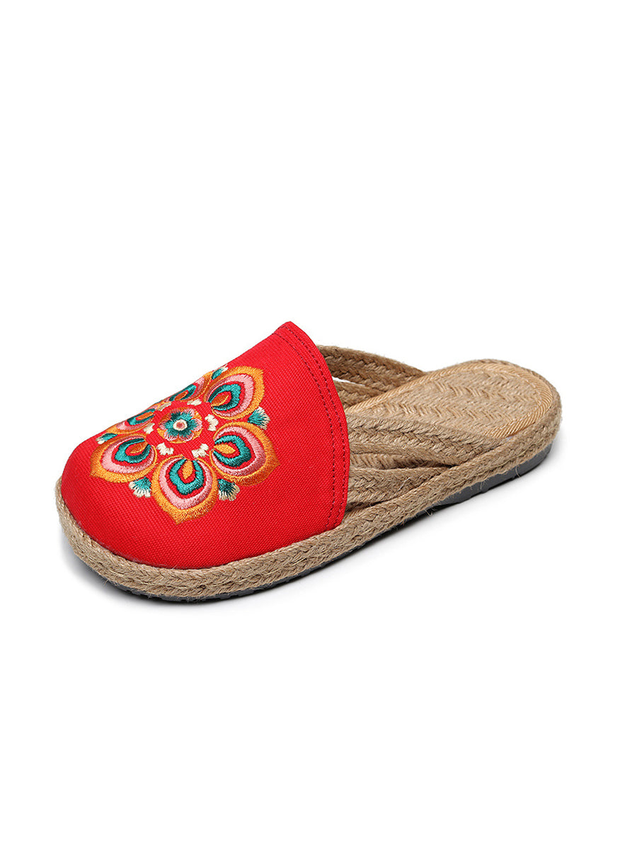 Women Summer Ethnic Flower Embroidert Straw Slippers II1017