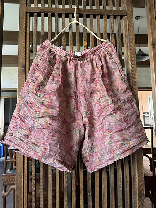 Women Summer Vintage Flower Loose Ramie Shorts RR1024