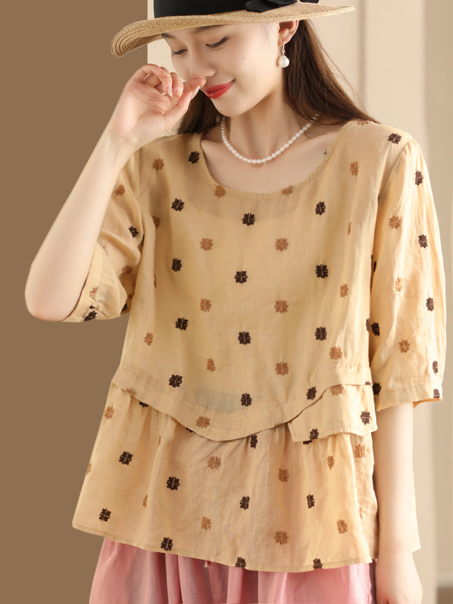 Women Summer Embroidery Spliced Ramie Loose Shirt XX1046