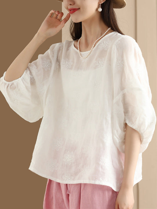 Women Summer Vintage Flower Embroidery Ramie Shirt PP1029