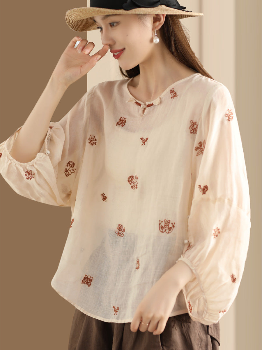 Chemise d'été en ramie avec broderie florale vintage pour femme AA1042