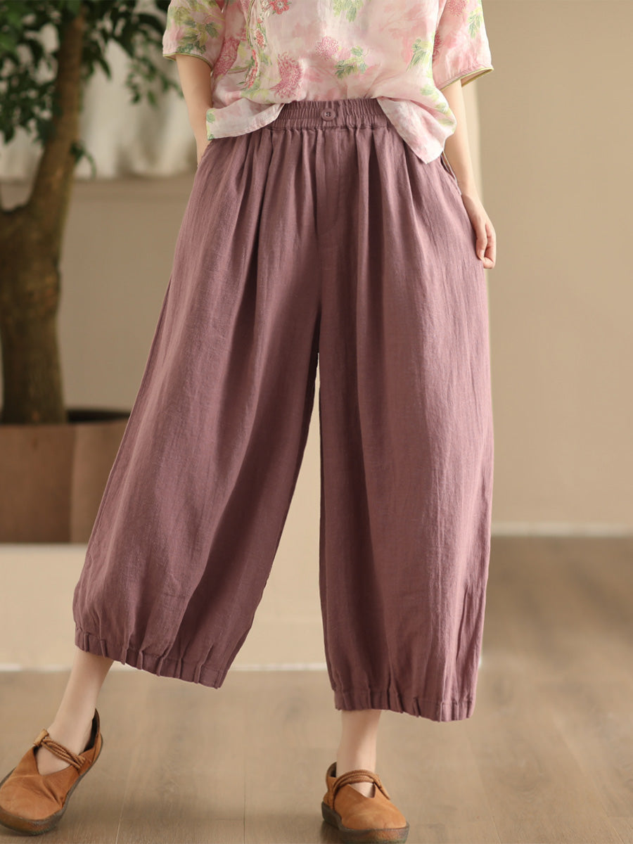 Pantalon large en lin uni vintage d'été pour femme FD038