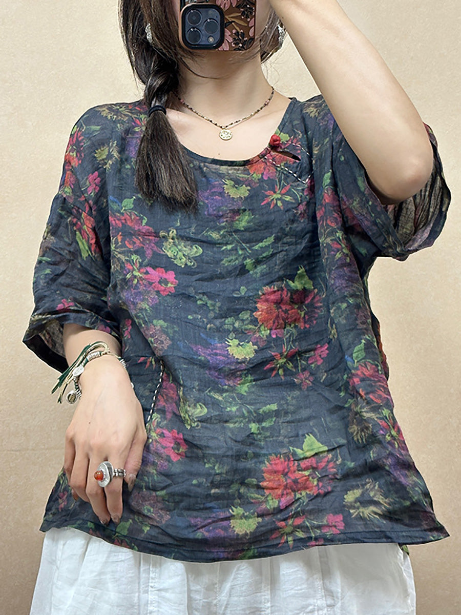 Women Summer Vintage Flower O-Neck Ramie Shirt PP1018