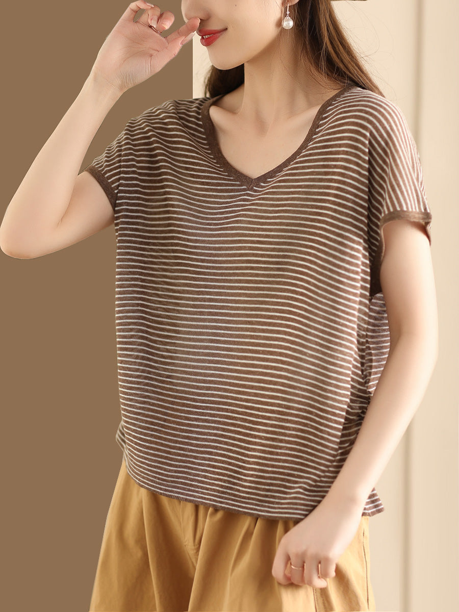 Women Summer Casual Stripe V-Neck Shirt AA1013