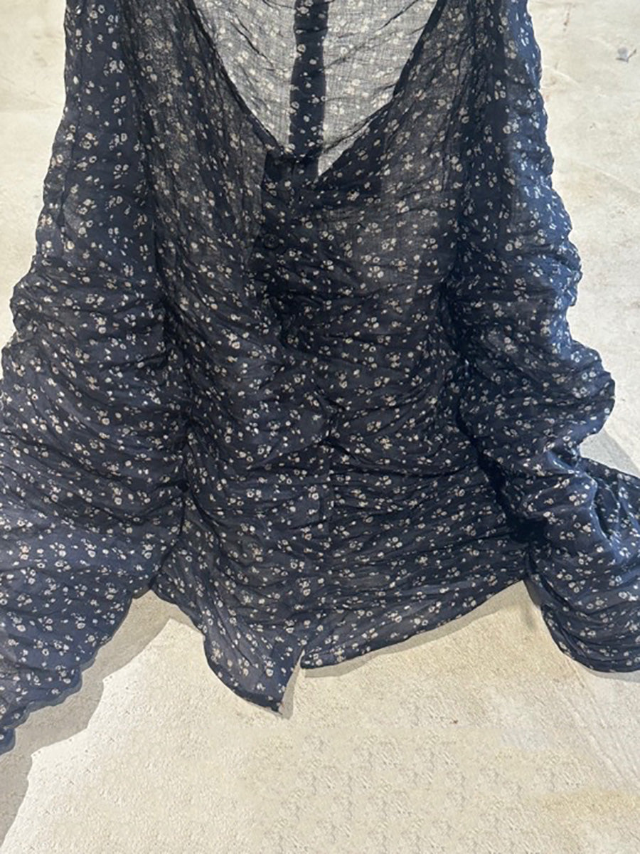 Button Shirt Floral Ramie Women O-Neck Vintage Autumn