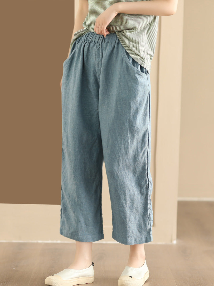 Women Summer Vintage Solid Linen Wide-leg Pants AA1017