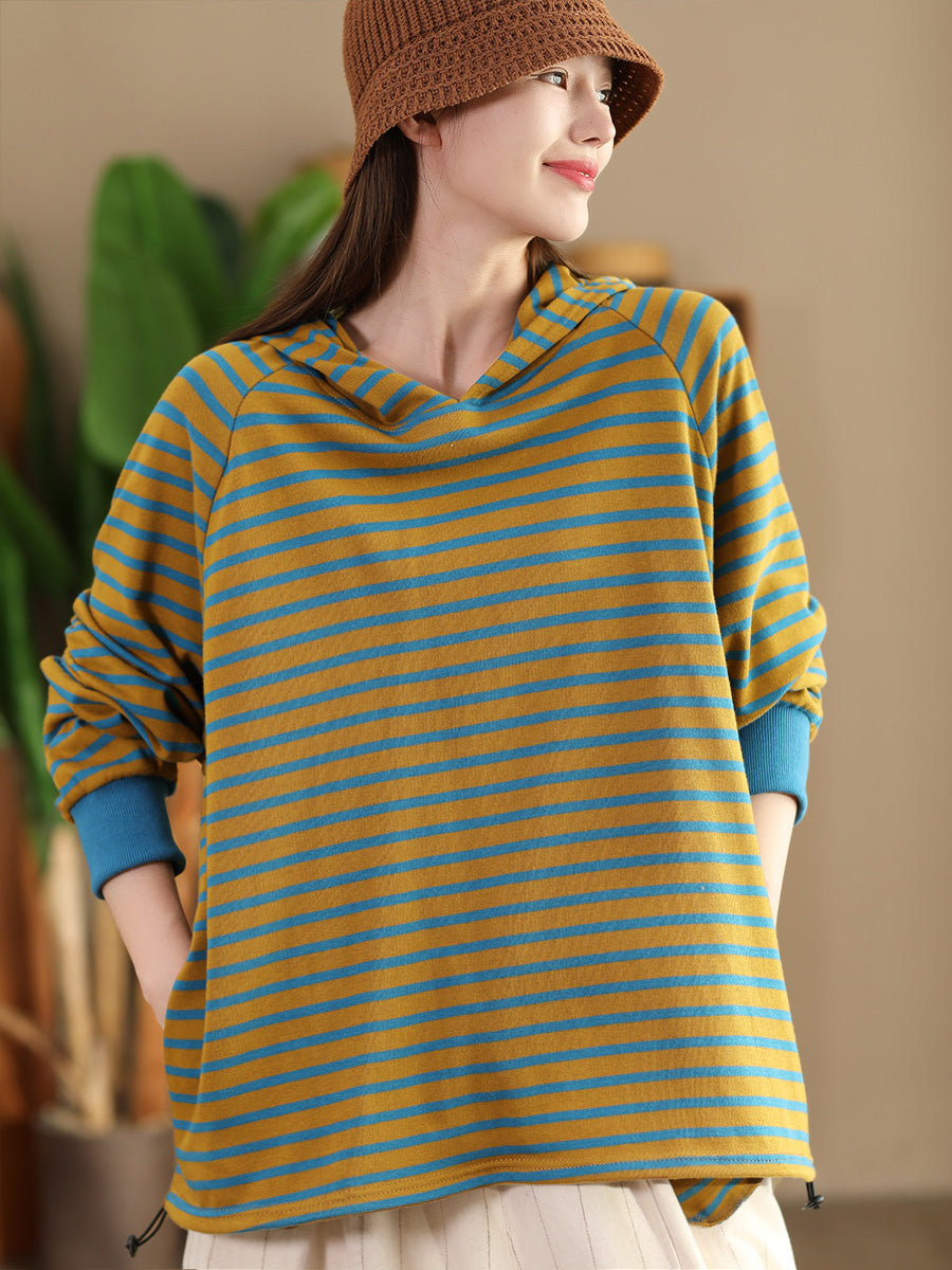 Women Casual Autumn Stripe Colorblock Hooded Sweatshirt AI1025