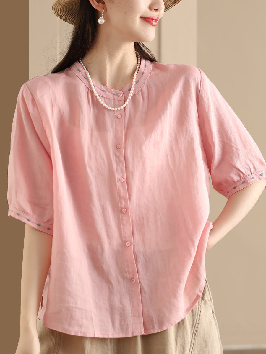 Women Summer O-Neck Embroidery Button-up Ramie Shirt PP1035