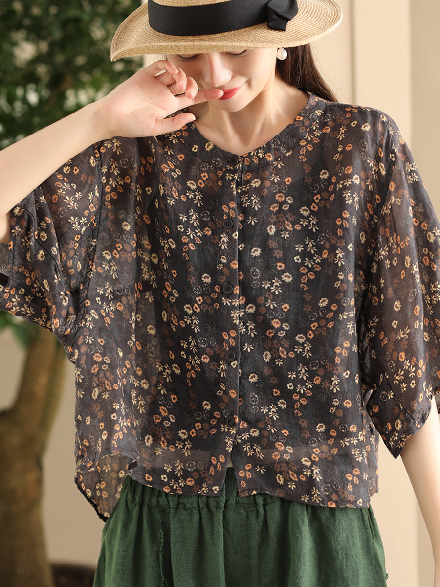 Women Summer Artsy Floral O-Neck Thin Shirt FD023