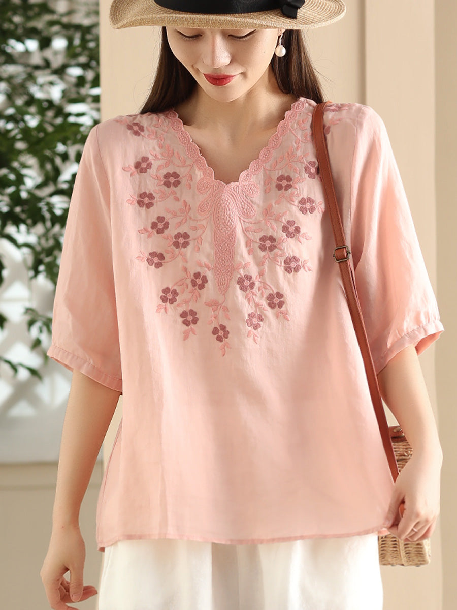 Women Summer Artsy Flower Embroidery Ramie V-Neck Shirt CC030