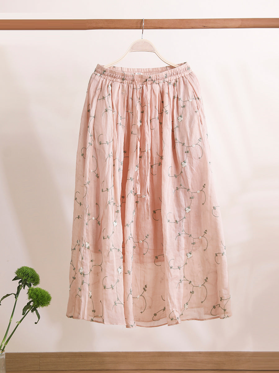 Women Summer Flower Thin Strap Linen Skirt RR1014