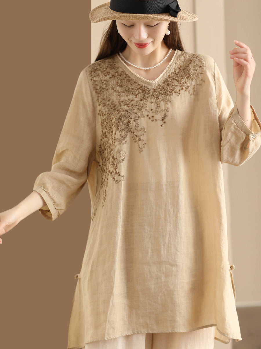 Women Summer Artsy Embroidery Ramie Long Shirt AS1022