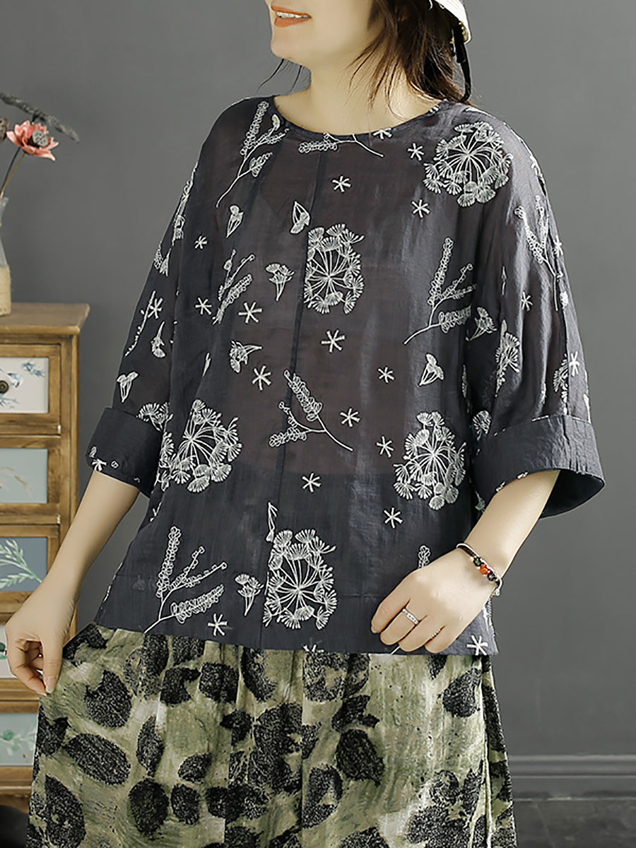 Women Vintage Embroidery Solid Ramie Shirt AA1012