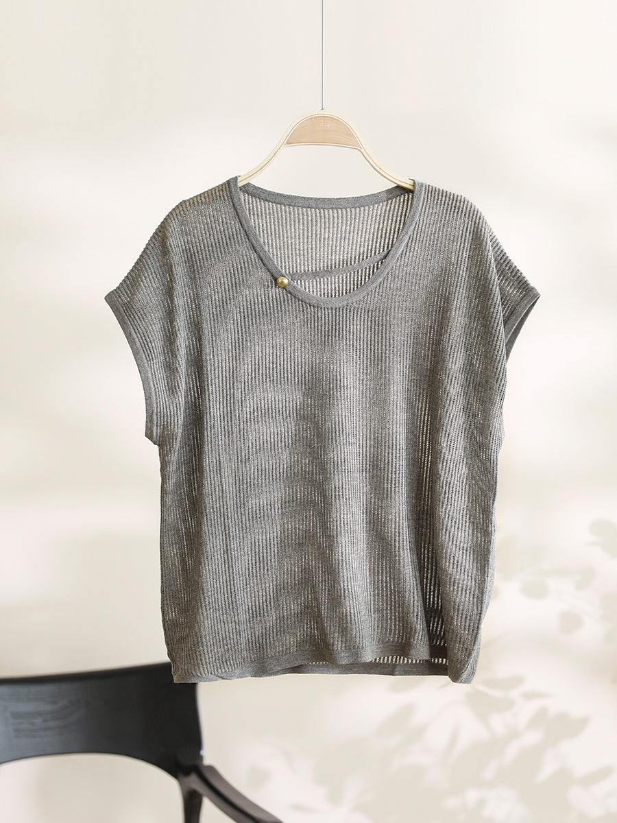 Women Summer Artsy O-Neck Solid Thin Shirt CX036