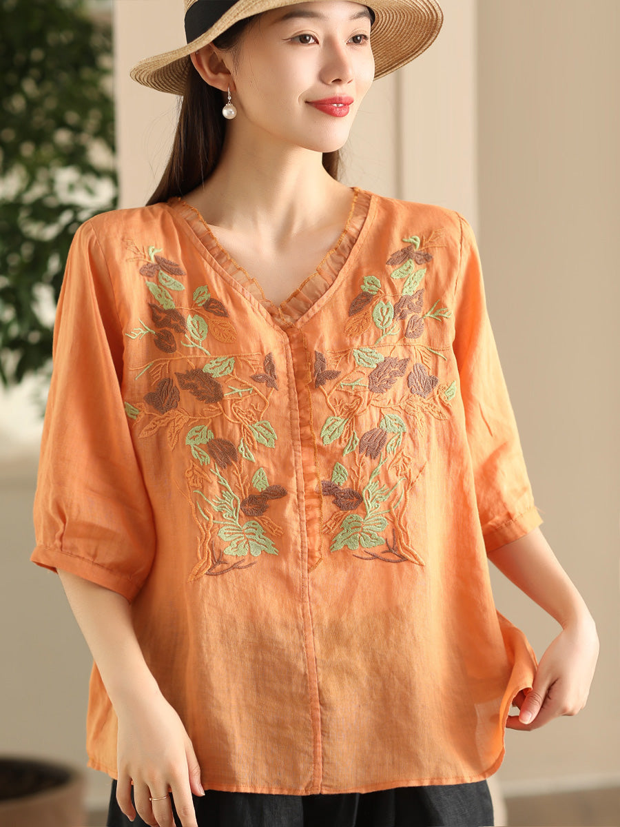 Women Summer Vintage Flower Embroidery Lace Ramie Shirt FD044