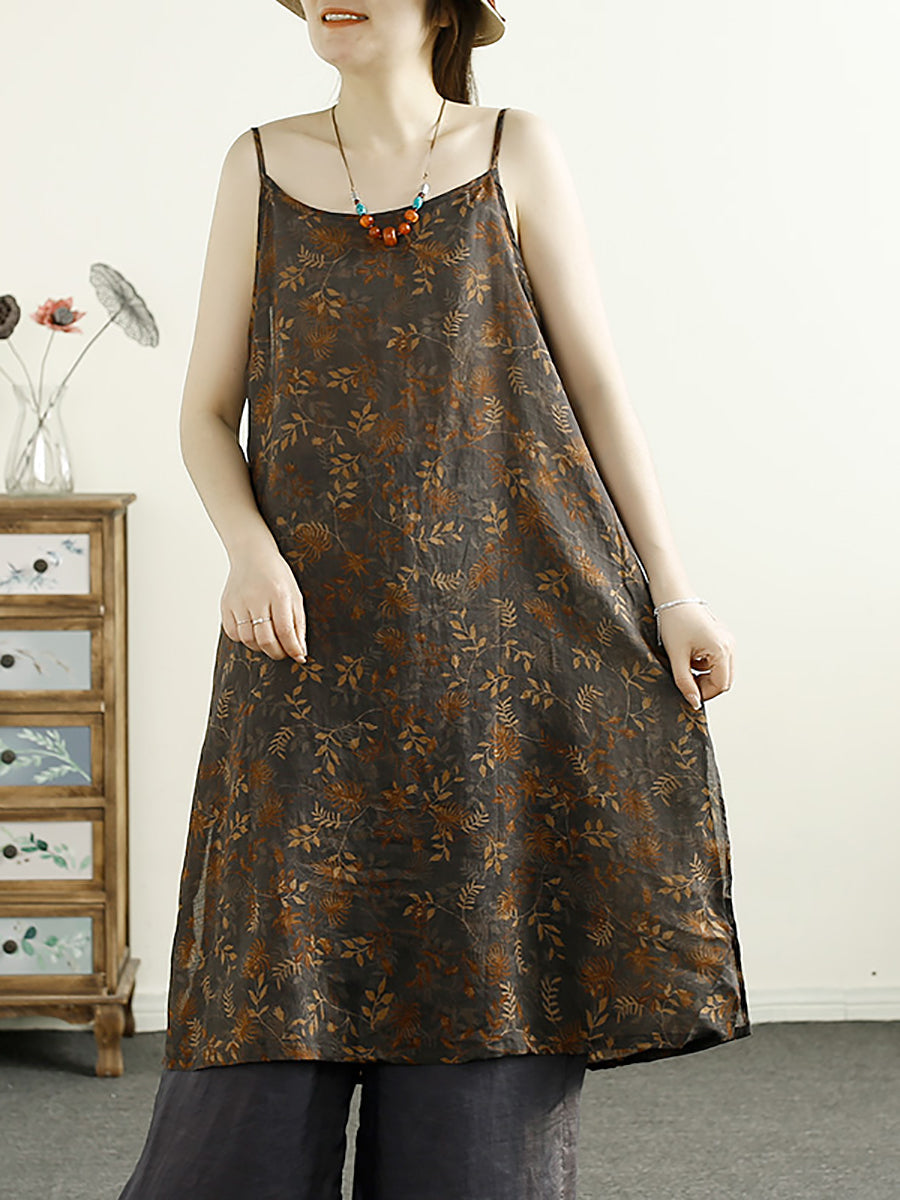 Women Summer Vintage Flower Ramie Vest Dress BN1035