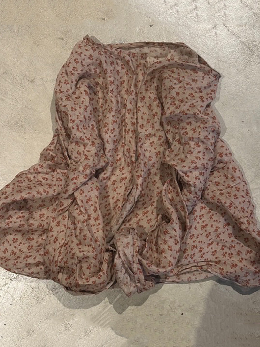 Button Shirt Floral Ramie Women O-Neck Vintage Autumn