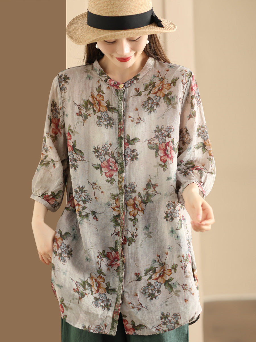 Women Summer Artsy Floral Spliced Ramie Long Shirt BN1007