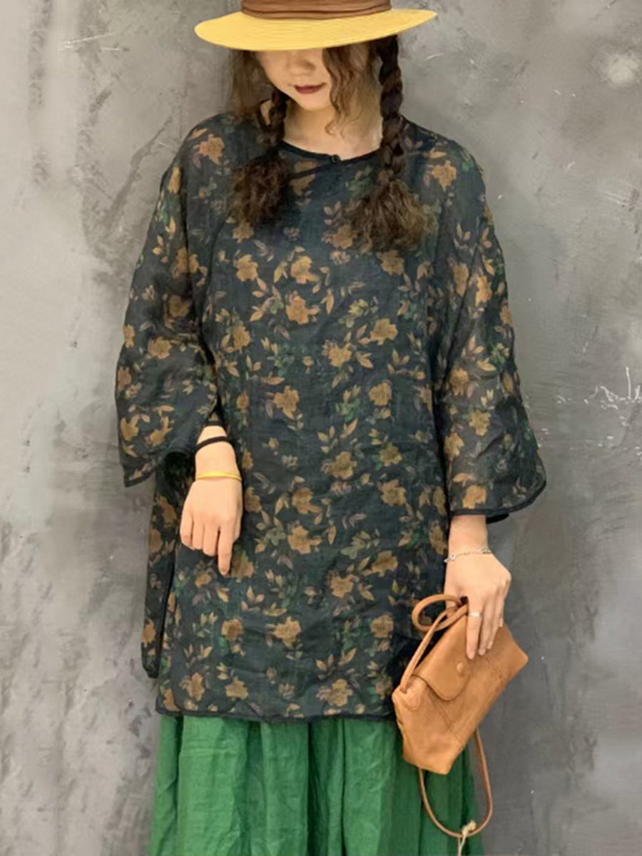 Women Summer Ethnic Flower Spliced Long Ramie Shirt FG1015