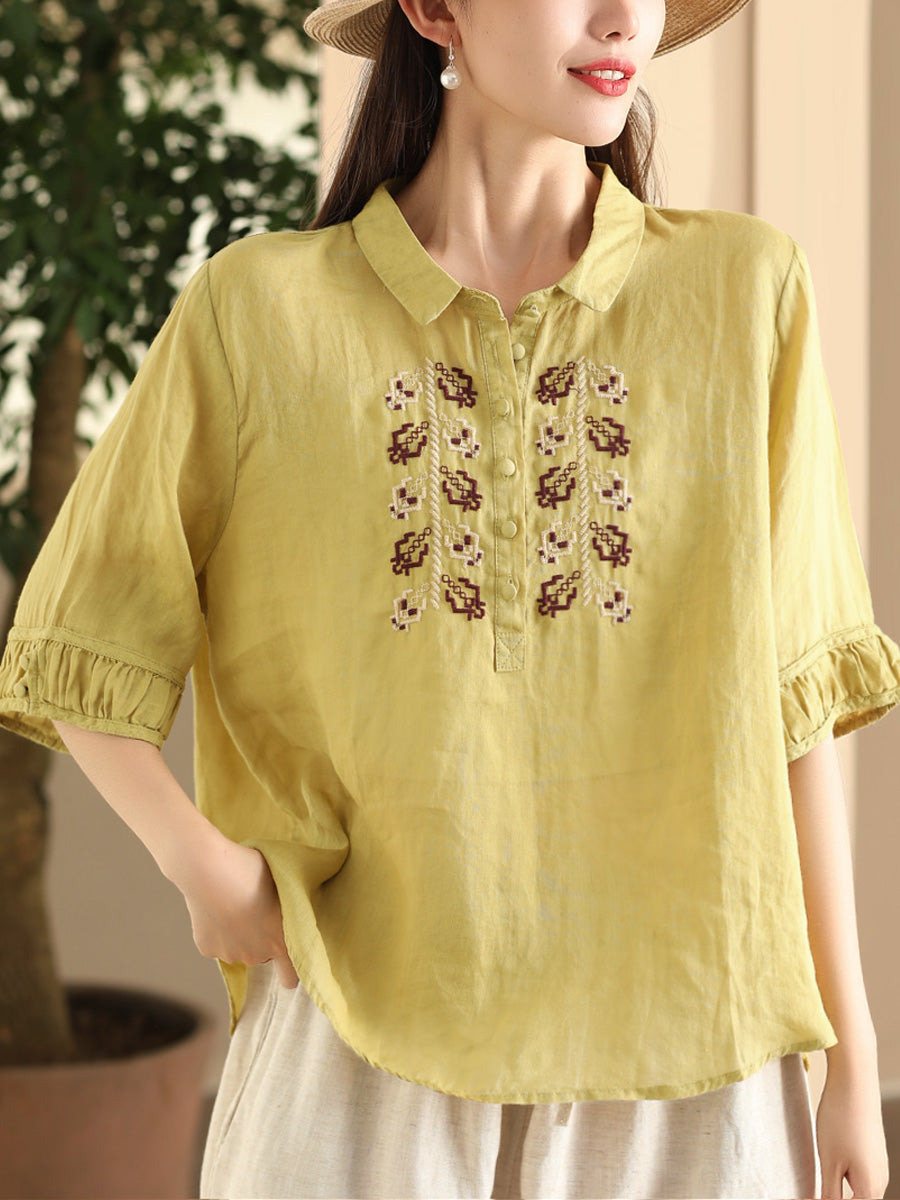 Women Summer Vintage Embroidery Turn-down Collar Ramie Shirt FD017