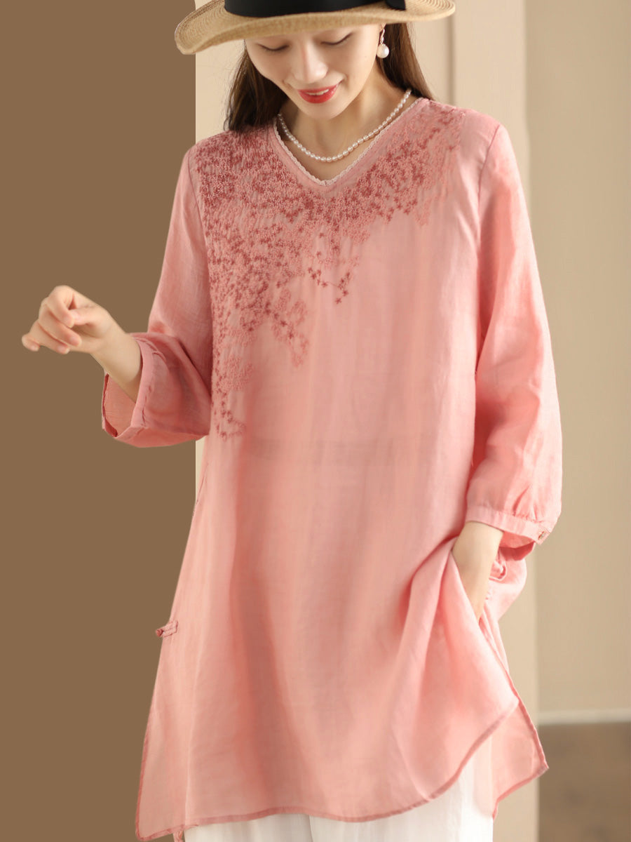 Women Summer Artsy Embroidery Ramie Long Shirt AS1022