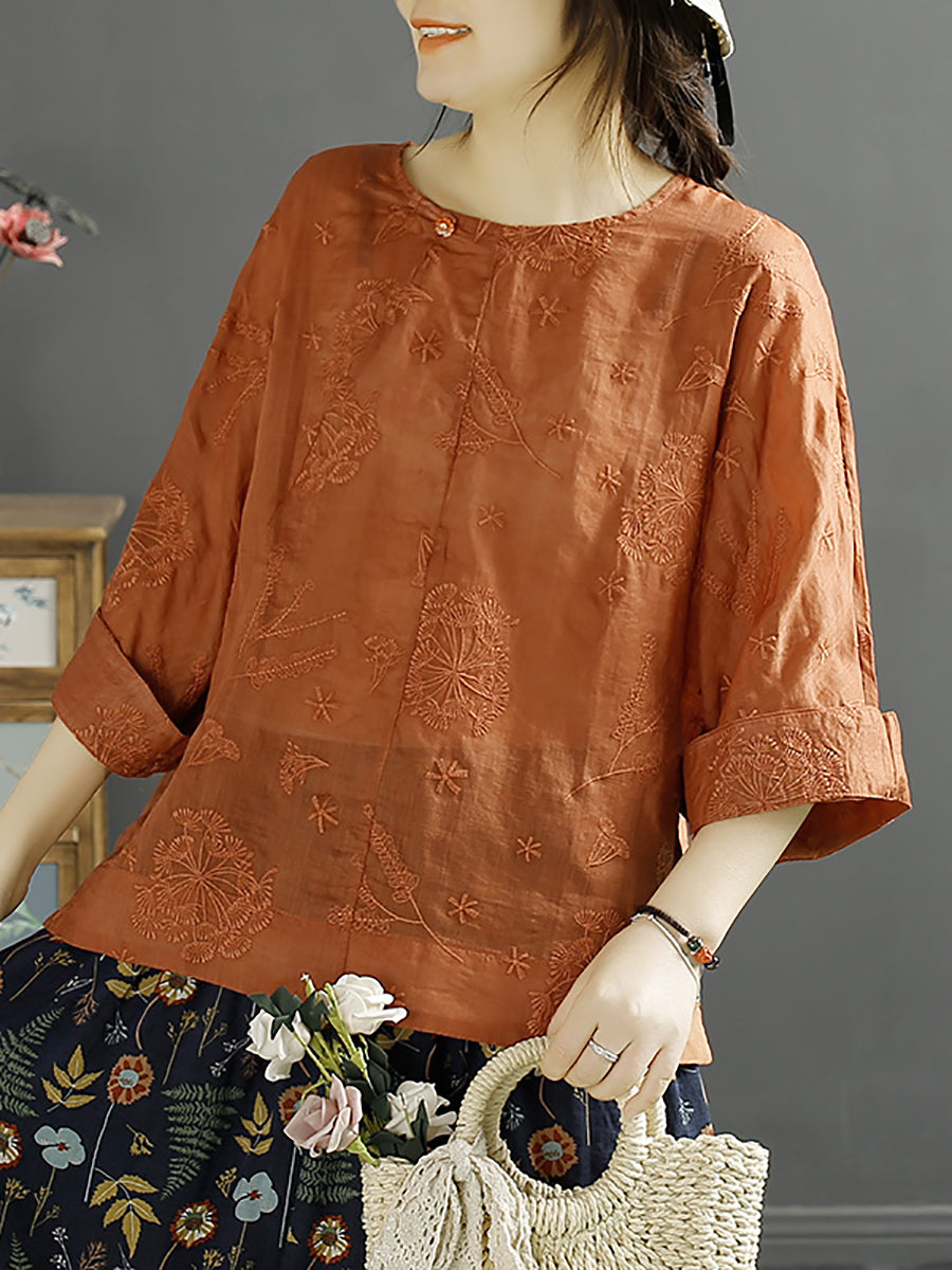 Women Vintage Embroidery Solid Ramie Shirt AA1012