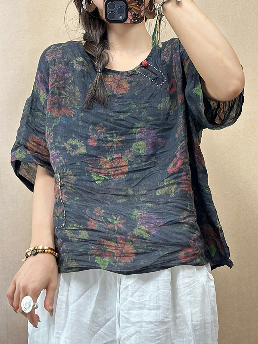 Women Summer Vintage Flower O-Neck Ramie Shirt PP1018