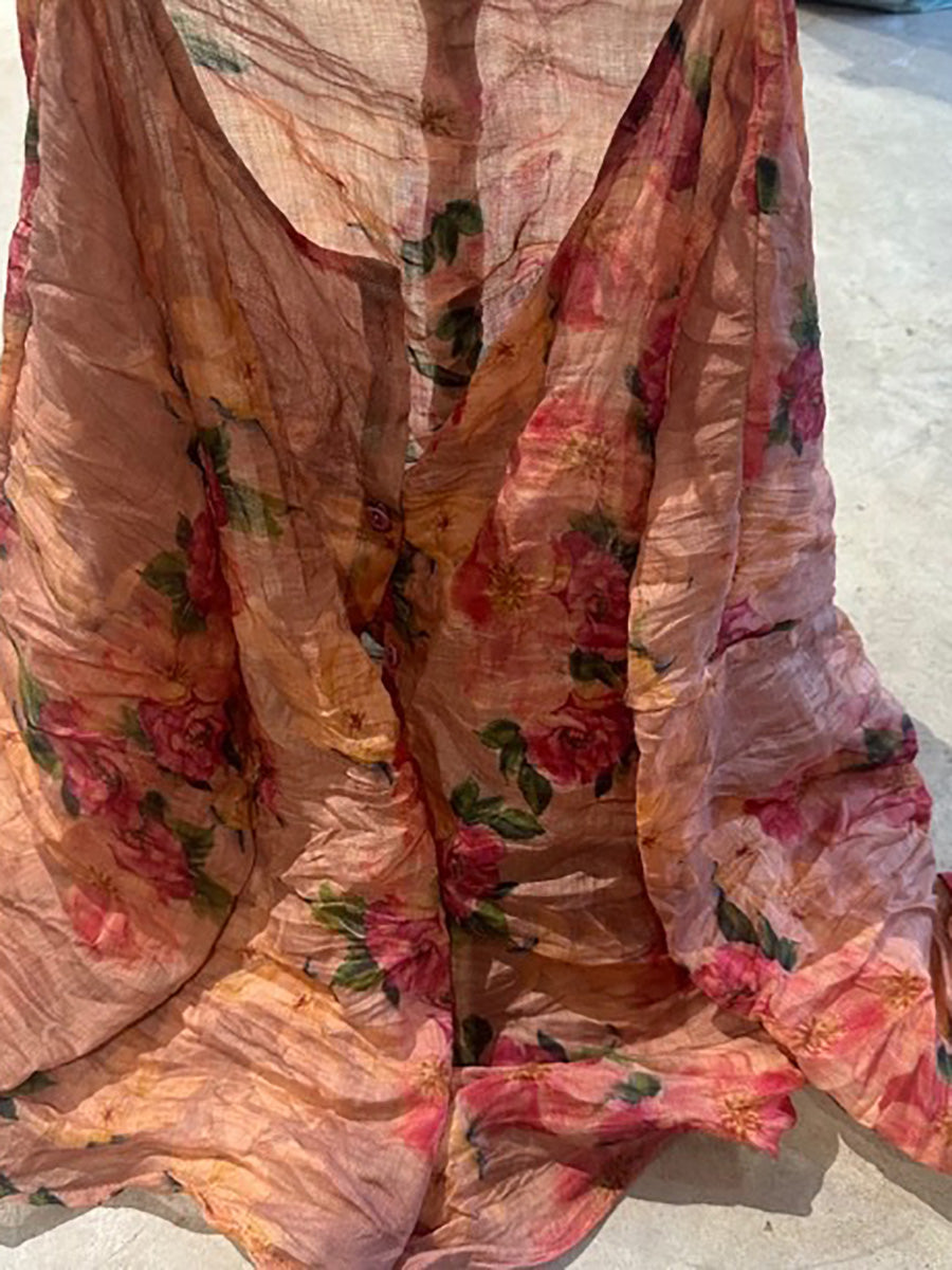 Button Shirt Floral Ramie Women O-Neck Vintage Autumn