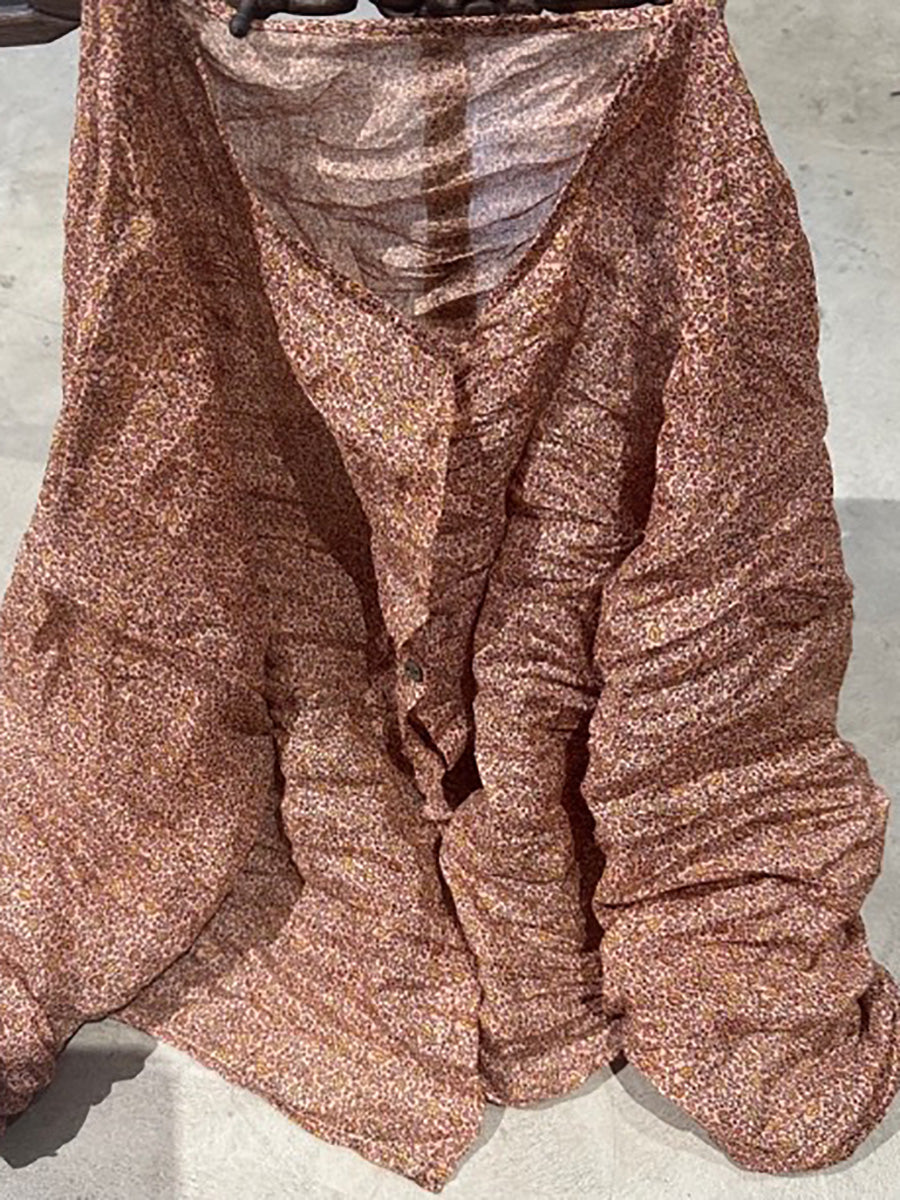 Button Shirt Floral Ramie Women O-Neck Vintage Autumn