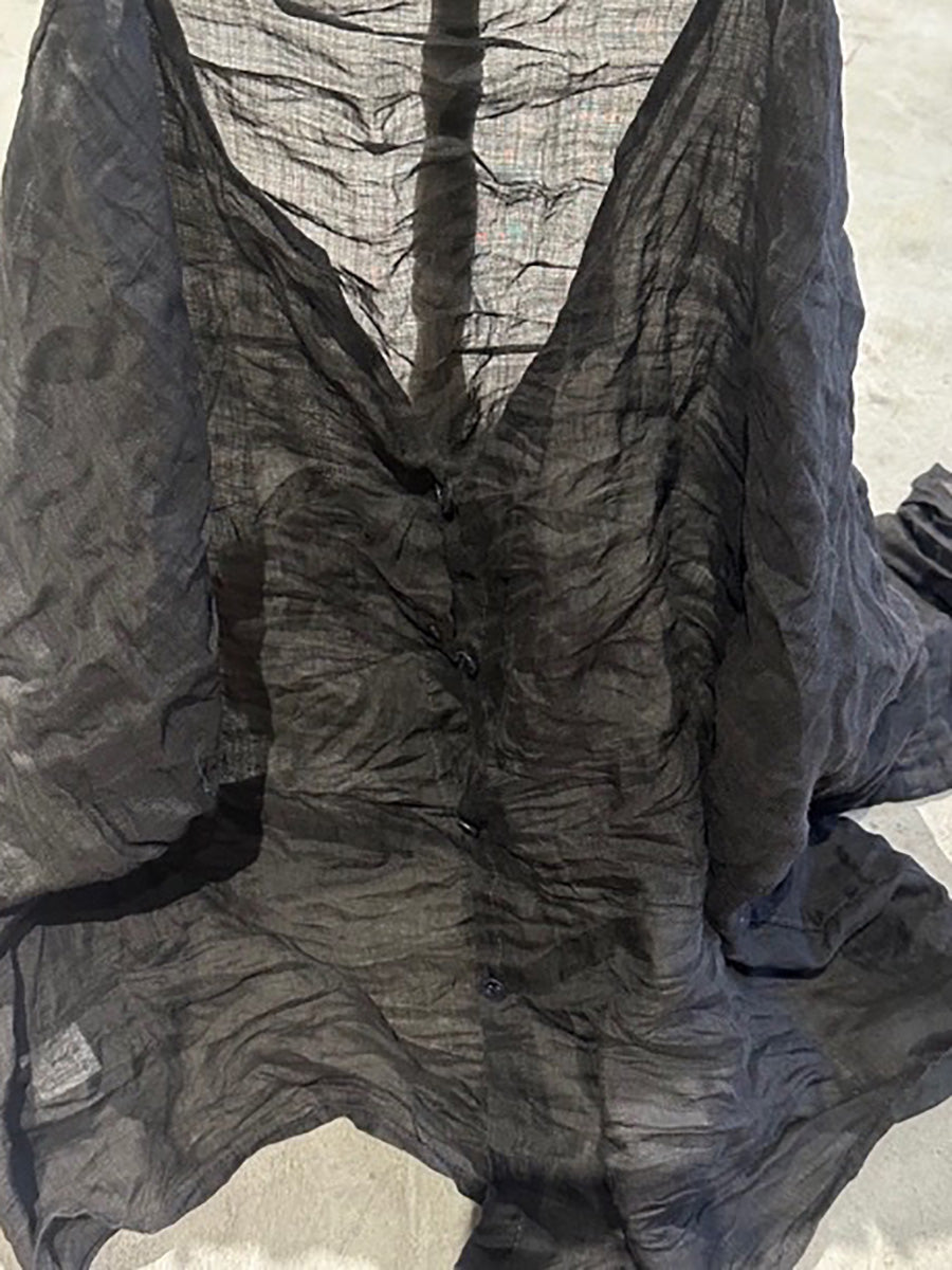 Button Shirt Floral Ramie Women O-Neck Vintage Autumn