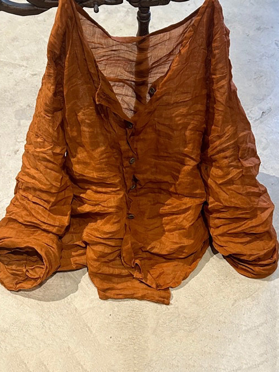 Button Shirt Floral Ramie Women O-Neck Vintage Autumn