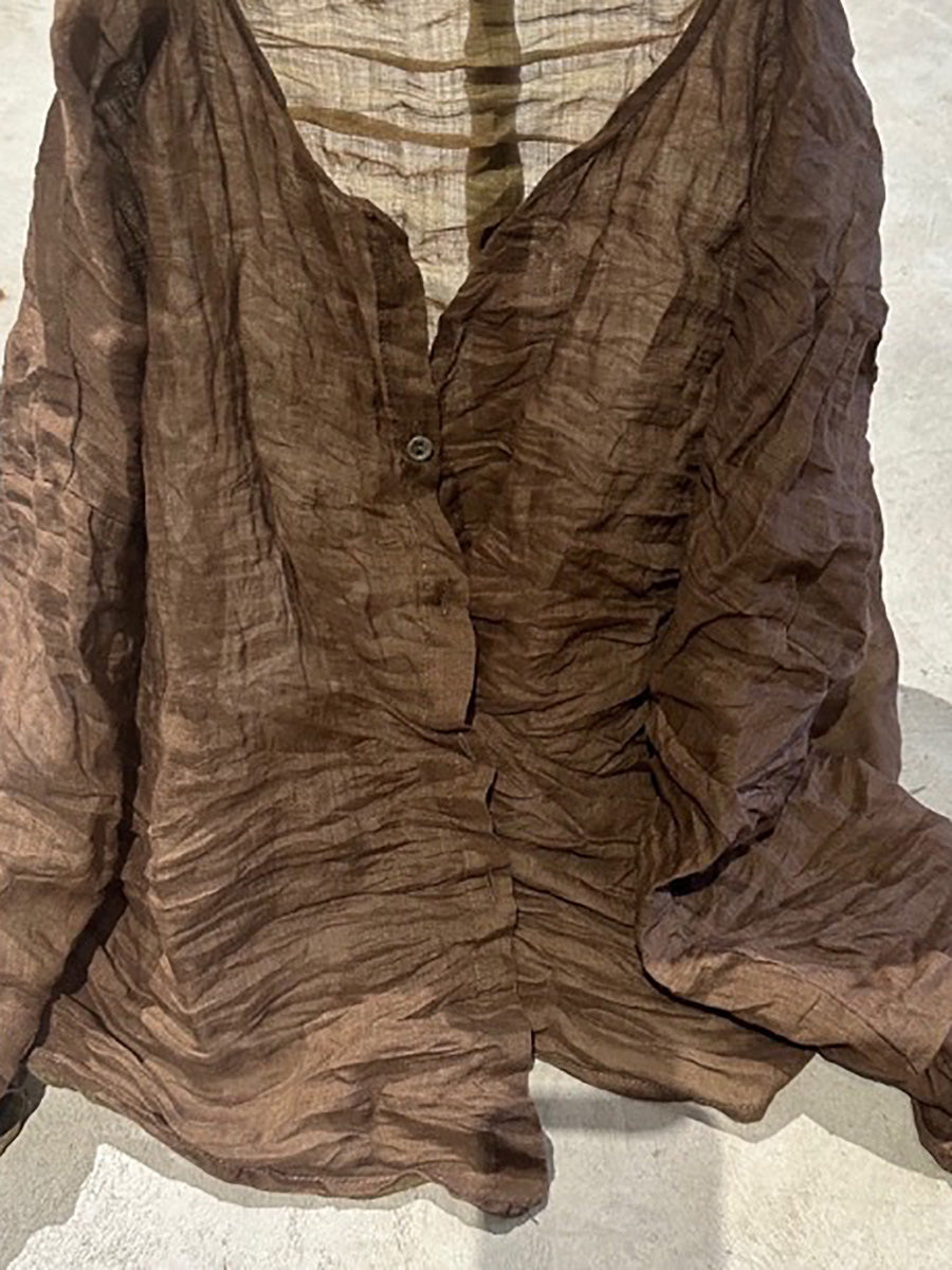 Button Shirt Floral Ramie Women O-Neck Vintage Autumn