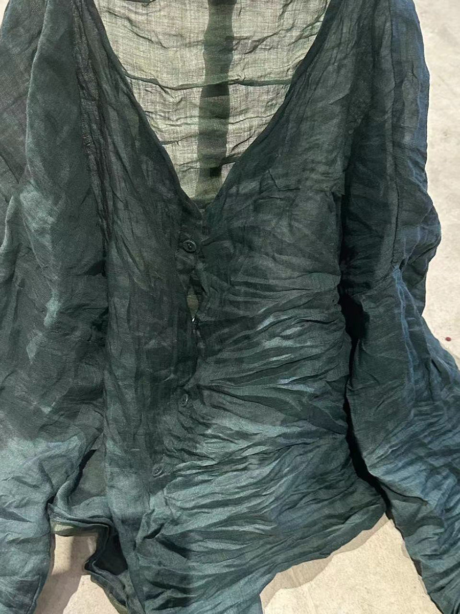 Button Shirt Floral Ramie Women O-Neck Vintage Autumn