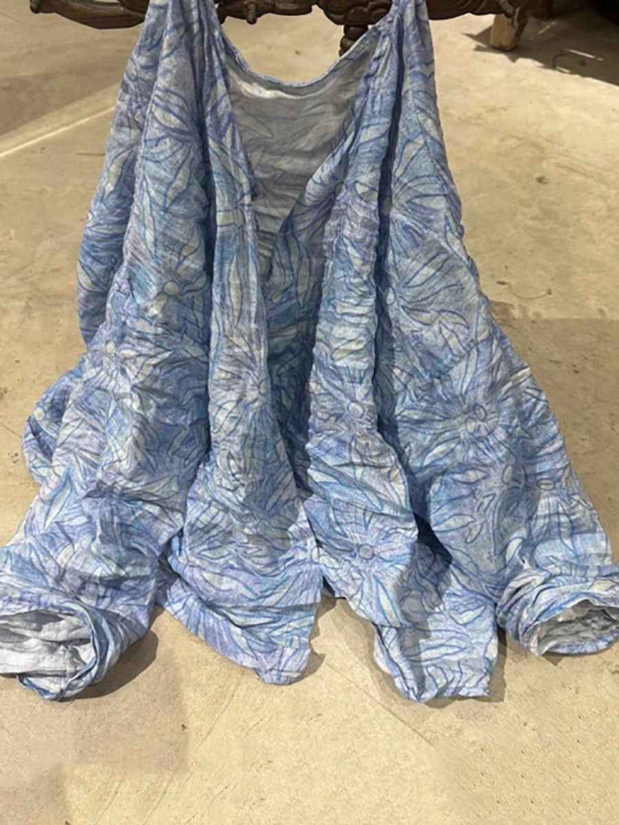 Button Shirt Floral Ramie Women O-Neck Vintage Autumn