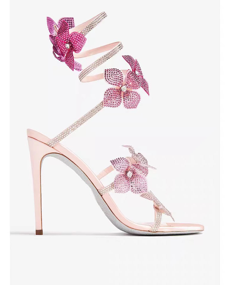 Stiletto Boutique Faux Zircon Sandals Floral Leather Splicing