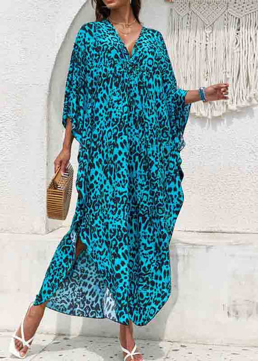 Side Blue Chiffon Neck Open Beach V Print Sea Summer Dress