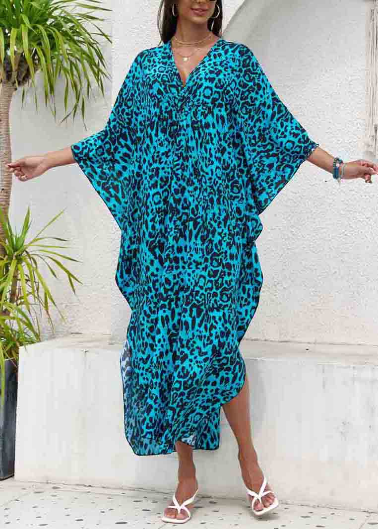Side Blue Chiffon Neck Open Beach V Print Sea Summer Dress